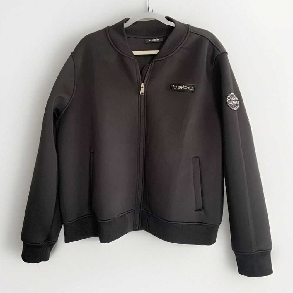 Bebe Sport Black Rhinestone Logo Zip-Up Bomber Jacket Y2K Athleisure Women's XXL - Picture 3 of 13